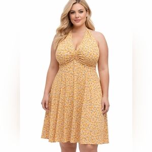 Floral Mustard Yellow Halter Dress Large